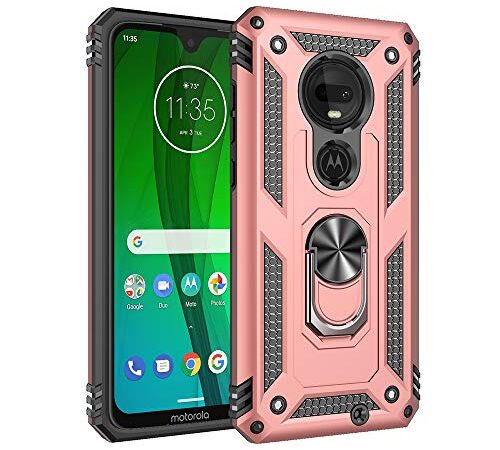 BestST Funda Motorola Moto G7 Plus /g7 +HD Protectores de Pantalla,con Anillo Soporte,Rugged TPU y PC Cubierta de Doble Capa Hybrid Carcasa y 360 °Rotación Kickstand 2 en 1 Case.RoseOro