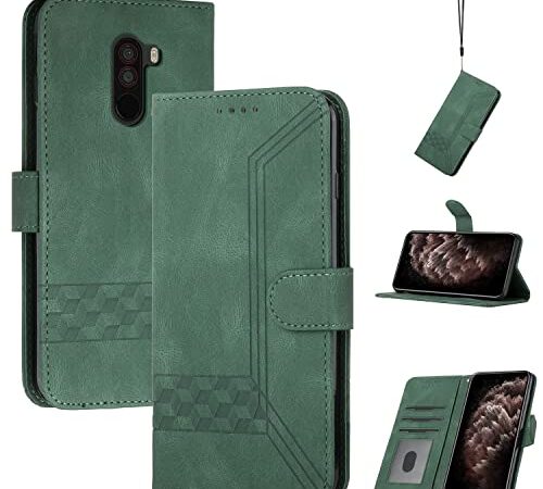 Genlision Funda Compatible con Xiaomi Pocophone F1,Flip Leather Edition,Funda de Cuero PU con Cáscara de TPU, magnético, función de Soporte y Ranuras para Tarjetas-Verde