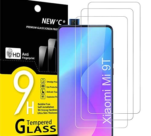 NEW'C 3 Piezas, Protector Pantalla para Xiaomi Mi 9T, Mi 9T Pro, Cristal templado Antiarañazos, Antihuellas, Sin Burbujas, Dureza 9H, 0.33 mm Ultra Transparente, Ultra Resistente