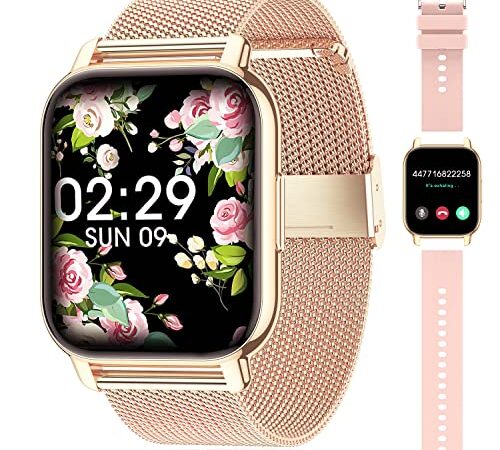 Popglory Reloj Inteligente Mujer con Llamadas y Asistente Voz, 1,85'' Smartwatch Mujer 2 Correas,Pulsera Actividad Presión Arterial Ritmo Cardíaco Oxígeno Sanguíneo, Regalo Mujer Hombre Android iOS