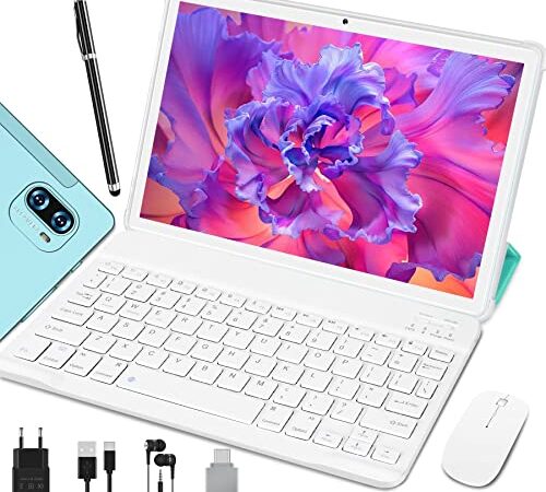 Tablet 10 Pulgadas 5G + 2.4G WiFi Android 11 FHD Tablet 2 in 1, 4GB RAM + 64GB ROM (256GB TF), Procesador 2.0 GHz, Batería 8000 mAh, Cámara 5 MP + 8 MP, Tablet con Teclado, Ratón, Funda, Verde Hielo