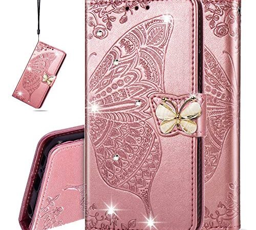 IMEIKONST Billetera Case para Samsung S10 Plus, Diamante Carcasa de Telefono PU Cuero Card Holder Cartera Magnetic Flip Stand Funda Caso para Samsung Galaxy S10 Plus Cystal Butterfly Rose Gold SD