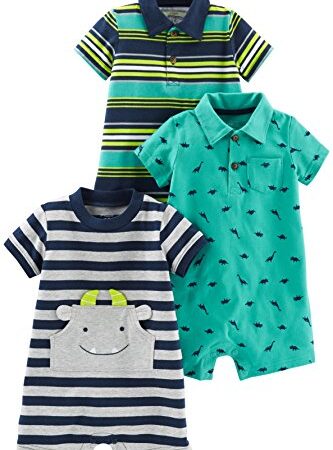 Simple Joys by Carter's Peto Bebé Niño, Pack de 3, Gris/Azul Marino/Azul, Rayas/Dinosaurio, 12 Meses