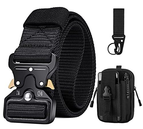 BESTKEE Hombres 1.5 "Cinturón táctico ajustable estilo militar Nylon con hebilla de metal de liberación rápida, regalo con riñonera táctica para hombre y gancho (negro)