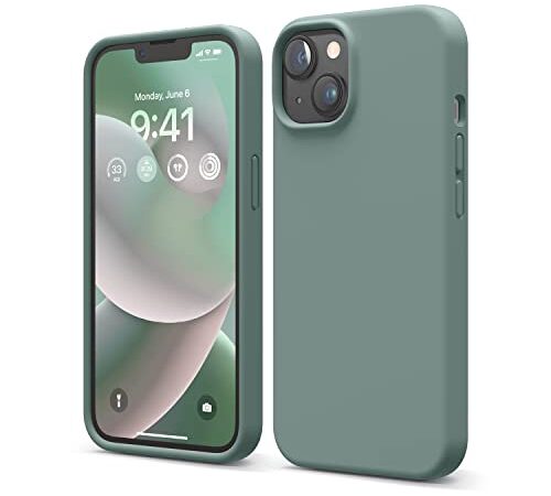 elago Funda Silicona Líquida Compatible con iPhone 14 Case (6,1"), Silicona Premium, Protección Completa - Carcasa de 4 Capas Antigolpes, Forro Microfibra Suave Anti-Arañazos (Verde Noche)