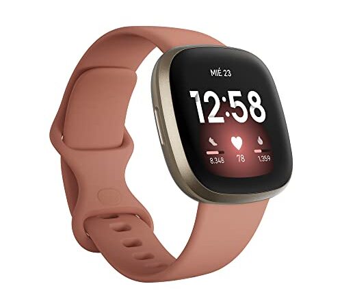 Fitbit Versa 3 - Smartwatch de salud y forma física: con 6 meses de servicio Premium incluidos, GPS integrado, Nivel de recuperación diario y batería de +6 días, Color Rosa / Dorado, Talla única