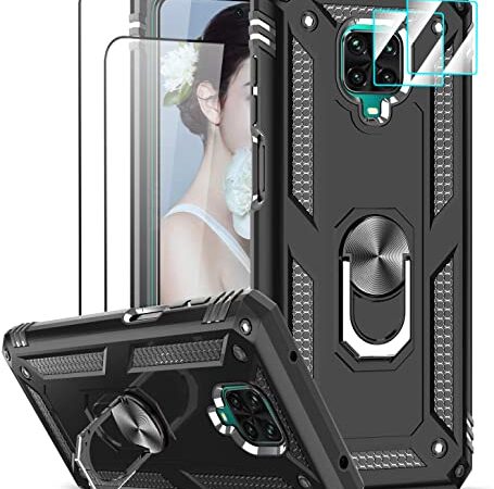 LeYi Funda para Xiaomi Redmi Note 9 Pro/Redmi Note 9S con 2 Piezas Vidrio Templado y 2 Piezas Protectores Lente Cámara,Armor Carcasa con 360 Anillo Soporte Hard PC y Silicona Antigolpes Case,Negro