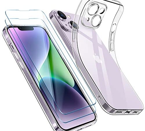 Qasyfanc Funda Compatible con iPhone 14 Plus, Carcasa con Protección de La Cámara y 2 Piezas Cristal Templado, Funda iPhone 14 Plus Silicona Suave Caso Anti- Choques TPU, Transparent