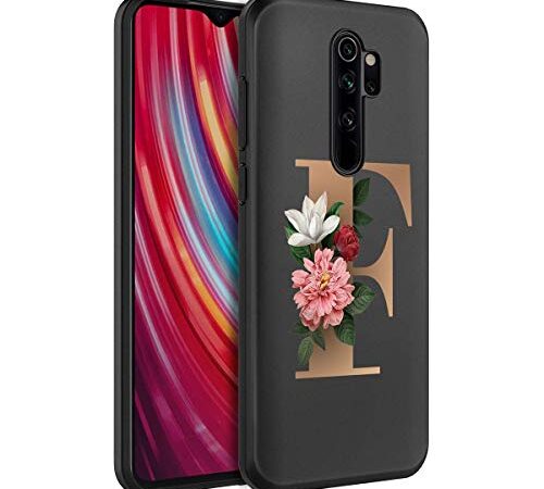 Yoedge Funda Compatible con Xiaomi Redmi Note 8 Pro, 6.53", Silicona Ligera Delgado TPU Bumper Rubber Caso 26 Letras Flores Patrón Resistente Carcasa Antichoque Flexible & Ultra Protectora - Negro, F