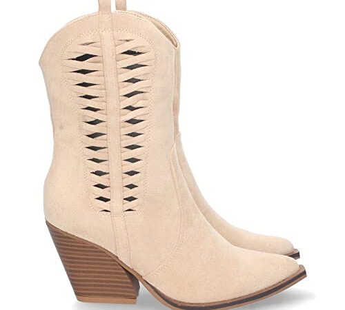 70007-Bota de Tacon Campero para Mujer, Comoda, con Punta Fina, Calados en Cana, y Cierre de Cremallera, Primavera Verano 2023. Talla 36 Beige