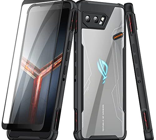 Fanbiya Funda para Asus Rog Phone 2, ROG Phone II ZS660KL funda de teléfono móvil juegos smartphone armadura estilo militar cubierta con soporte de anillo, 1 protector de pantalla (funda transparente)