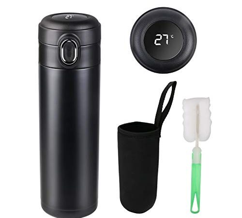 Flintronic Taza de Viaje, 450ml Termo Doble Pared De Aislamiento, Termo de Café, Versión Mejorada Frasco de Vacío de Acero Inoxidabl 316, Pantalla LED Táctil Inteligente con Temperatura, Negro