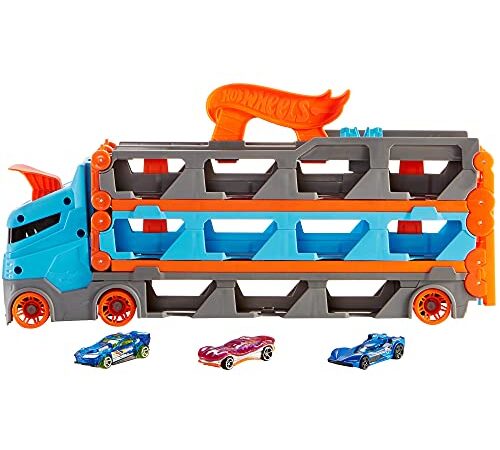 Hot Wheels City Camión autopista, pista de coches de juguete de 2 metros con lanzador, incluye 3 vehículos (Mattel HGH33)