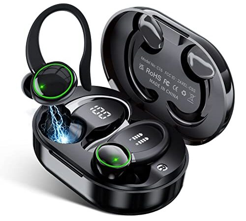 Auriculares Inalambricos Deportivos, Auriculares Bluetooth 5.3 Estéreo con Micrófono, 48H Cascos Inalambricos con Doble Pantalla LED e Control Táctil, IP7 Impermeable Auriculares/USB C/Running/Sport