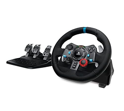 Logitech G29 Driving Force Volante de Carreras y Pedales, Force Feedback, Aluminio Anodizado, Palancas de cambio, Volante de Cuero, Pedales Ajustables, Enchufe EU, PS5, PS4, PC, Mac - Negro