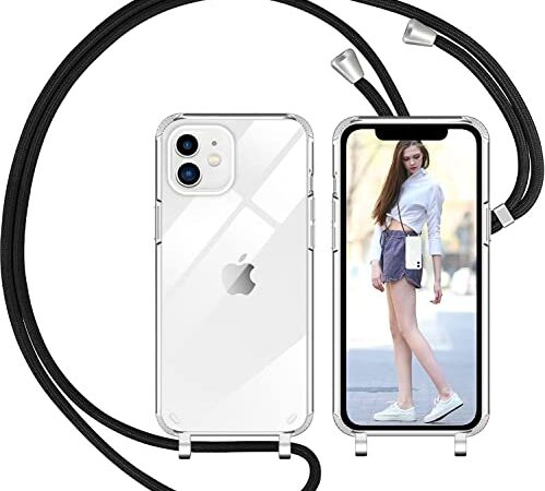 Nupcknn Funda Silicona con Cuerda para iPhone 12/iPhone 12 Pro, Carcasa Suave Silicona Case con Correa Colgante Ajustable Collar Correa de Cuello Cadena Cordón（Transparente, 6.1"）