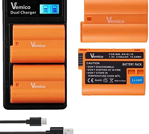 Vemico EN-EL15/EN EL15A/EN EL15B/EN EL15C Batería 2 X 2100mAh Batería y Cargador Doble LCD con Cable Tipo-C para Cámara Nikon D7500/D7200/D7100/D7000/D850/D750/D500/D810a/D810/D800/D610/D600/Z6/Z7