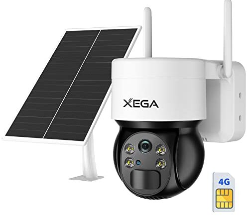 Xega 2K Cámara Vigilancia 3G/4G LTE Exterior Bateria Solar, Camera PTZ con Visión de 360 Sin Cable con Detección Smart, Visión Nocturna a Color, Alarma de Luz y Sonido, Audio de 2 Via, IP66